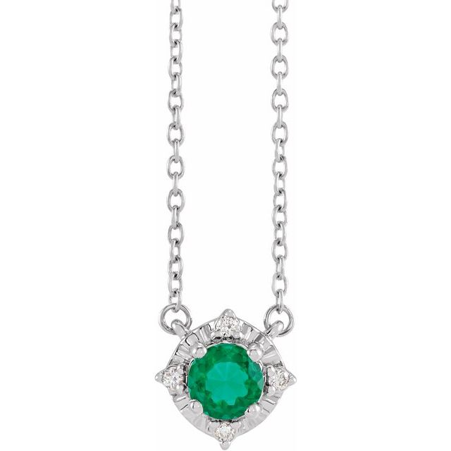 Sterling Silver Lab-Grown Emerald & .04 CTW Natural Diamond Halo-Style Necklace