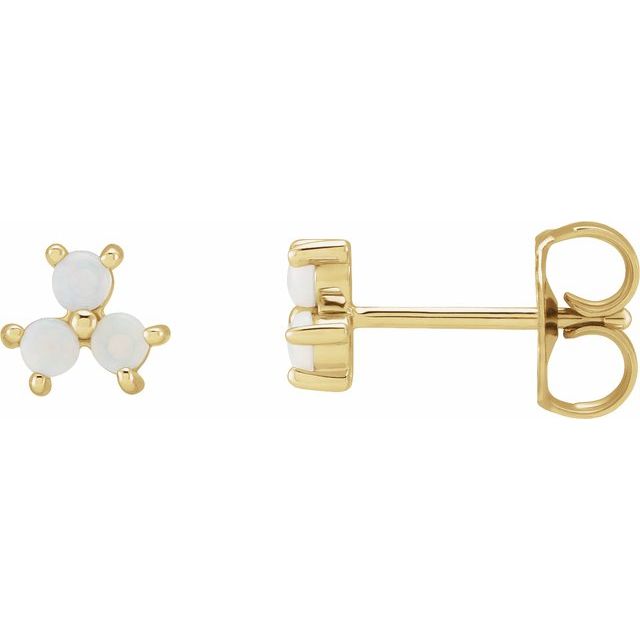 14K Yellow Gold White Opal Three-Stone Cabochon Earrings — 5.94 × 5.25 mm