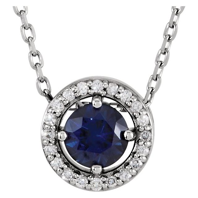 14K White Gold Natural Blue Sapphire & .05 CTW Natural Diamond Halo-Style Necklace