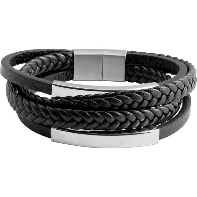 Stainless Steel and Black Leather Stainless Steel 11 mm Black Leather Multi-Strand 8" Bracelet