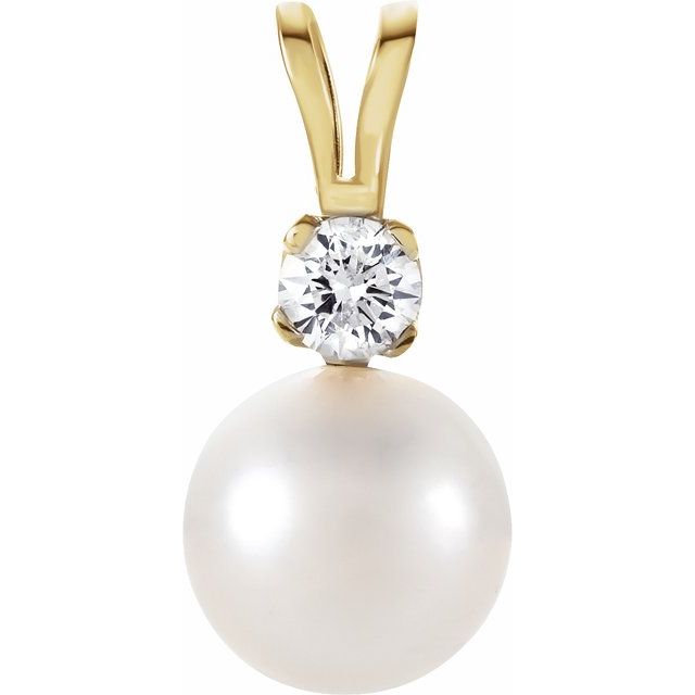 14K Yellow Gold Cultured White Akoya Pearl & .025 CTW Natural Diamond Pendant