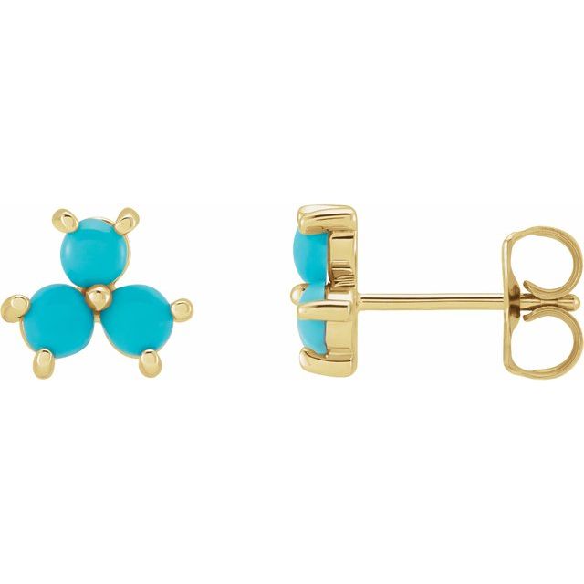 14K Yellow Gold Turquoise Three-Stone Cabochon Earrings — 8.36 × 7.37 mm