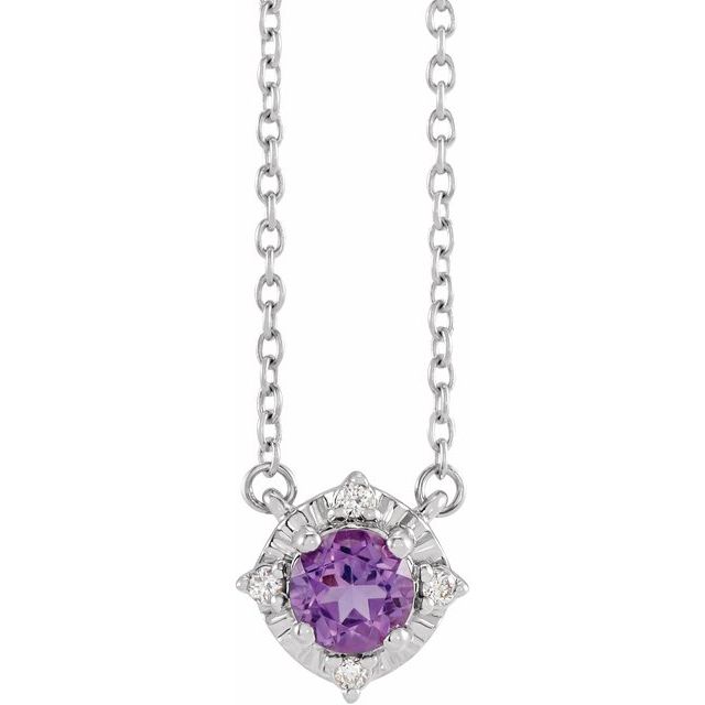 Sterling Silver Natural Amethyst & .04 CTW Natural Diamond Halo-Style Necklace