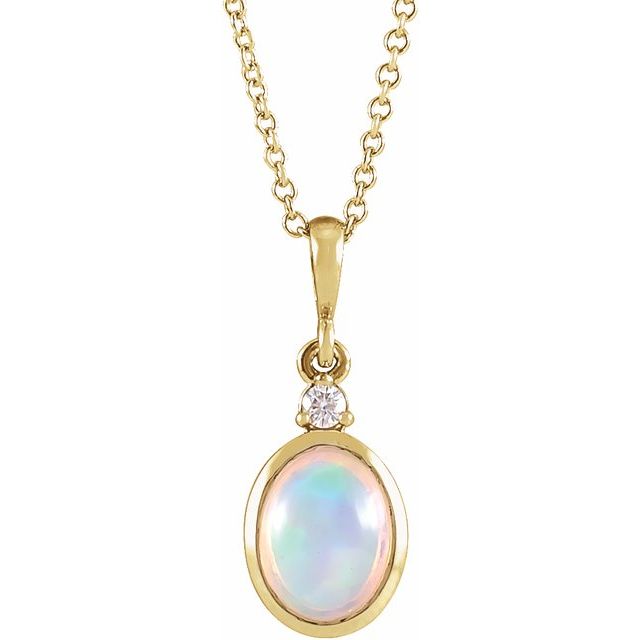 14K Yellow Gold 8x6 mm Natural Ethiopian Opal & .03 CT Natural Diamond Necklace