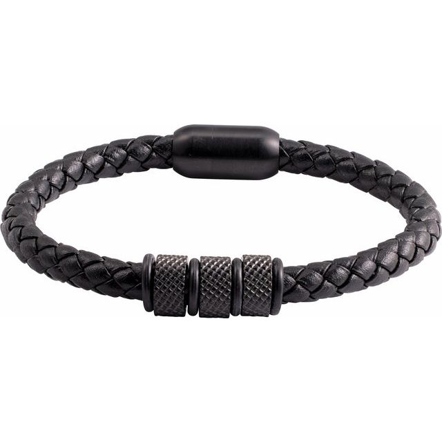Black PVD-Coated Stainless Steel and Black Braided Leather Black PVD Stainless Steel 6 mm Braided Leather 8" Bracelet