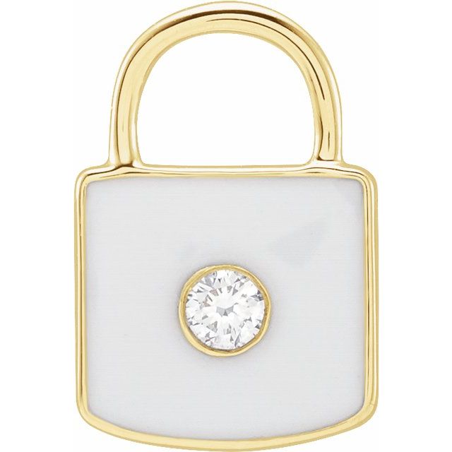14K Yellow Gold .035 CT Natural Diamond & White Enamel Lock Charm/Pendant
