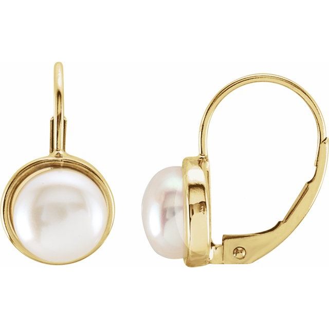 14K Yellow Gold Cultured White Freshwater Pearl Lever Back Earrings — 14.8 × 7.5 mm