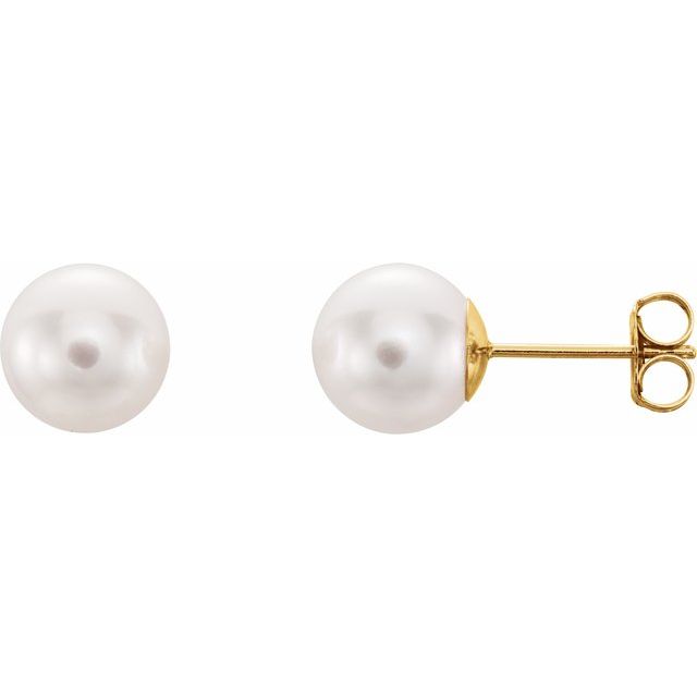 14K Yellow Gold 8 mm Cultured White Akoya Pearl Earrings
