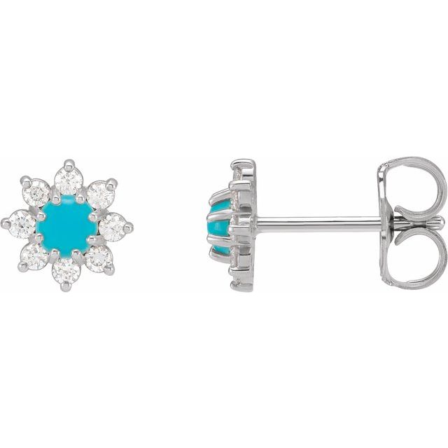 14K White Gold Natural Turquoise & 1/8 CTW Natural Diamond Flower Earrings