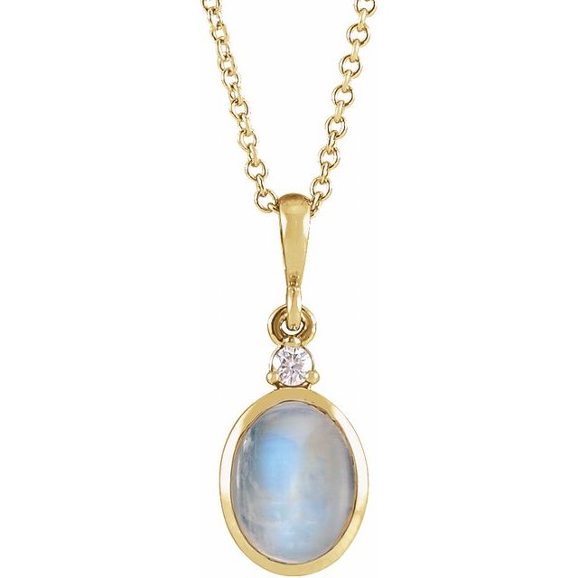 14K Yellow Gold 6x4 mm Natural Rainbow Moonstone & .015 CT Natural Diamond Necklace