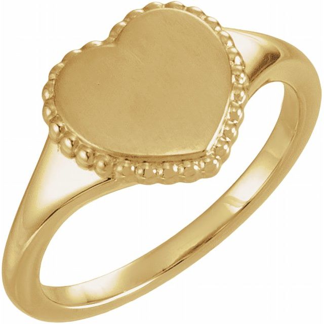 14K Yellow Gold Beaded Heart Engravable Ring