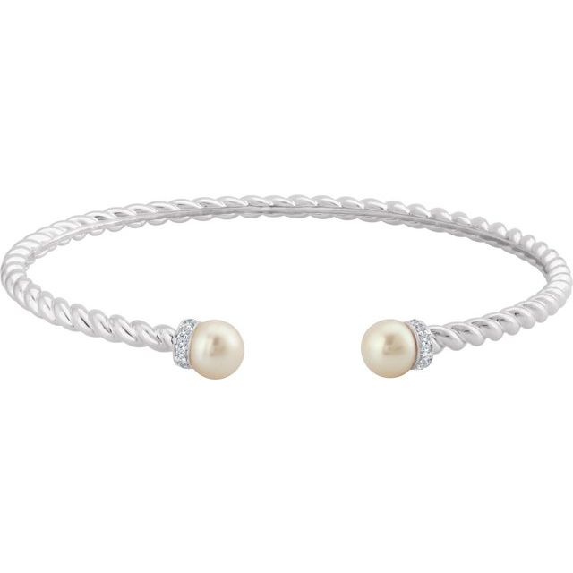 14K White Gold Freshwater Pearl & 1/10 CTW Natural Diamond Cuff