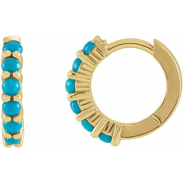 14K Yellow Gold Natural Turquoise Cabochon Hinged 12.2 mm Hoop Earrings