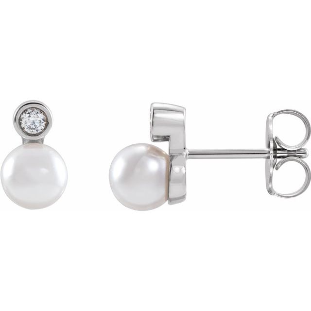 Sterling Silver Cultured White Akoya Pearl & .06 CTW Natural Diamond Earrings — 8.2 × 5 mm
