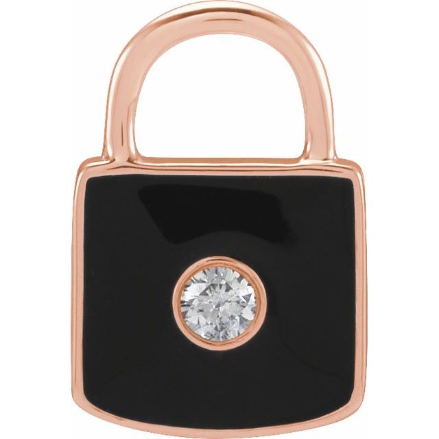 14K Rose Gold .035 CT Natural Diamond & Black Enamel Lock Charm/Pendant