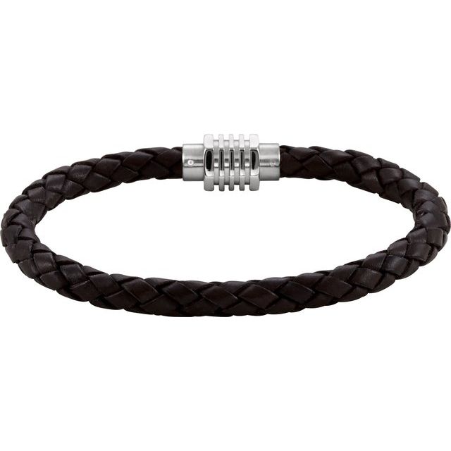 Stainless Steel & Black Leather Black Braided Leather Bracelet