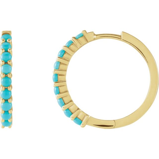 14K Yellow Gold Natural Turquoise Cabochon Hinged 20 mm Hoop Earrings
