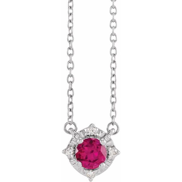 Sterling Silver Lab-Grown Ruby & .04 CTW Natural Diamond Halo-Style Necklace