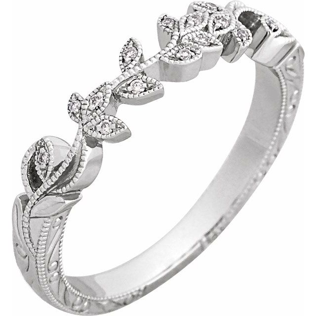 14K White Gold .07 CTW Natural Diamond Hand-Engraved Matching Band