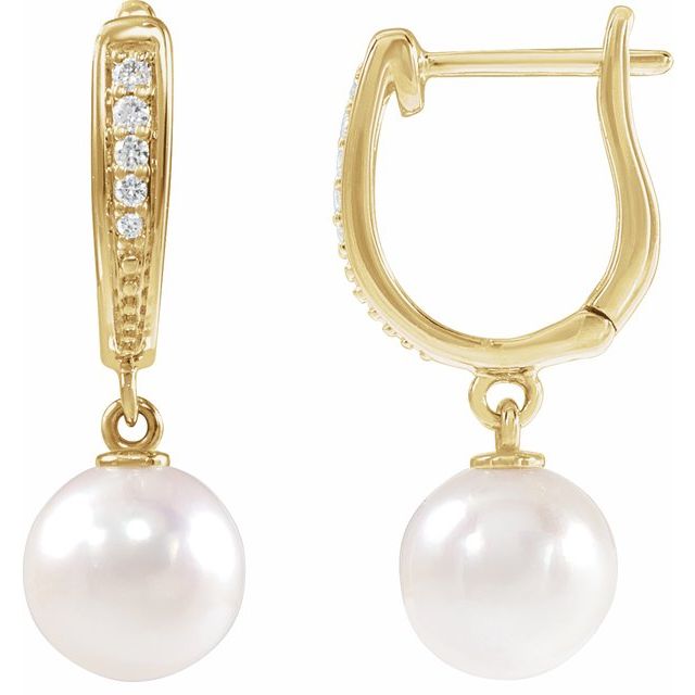 14K Yellow Gold Cultured White Akoya Pearl & .03 CTW Natural Diamond Earrings