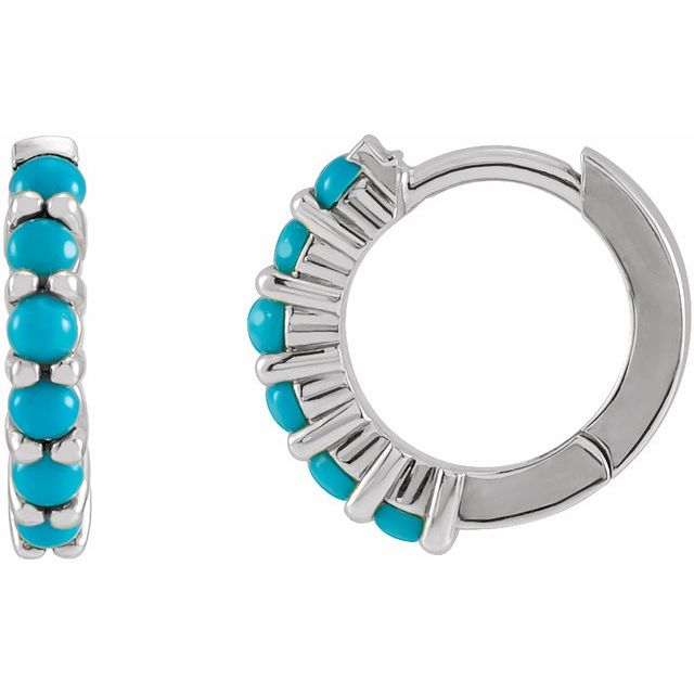 Sterling Silver Natural Turquoise Cabochon Hinged 12.2 mm Hoop Earrings