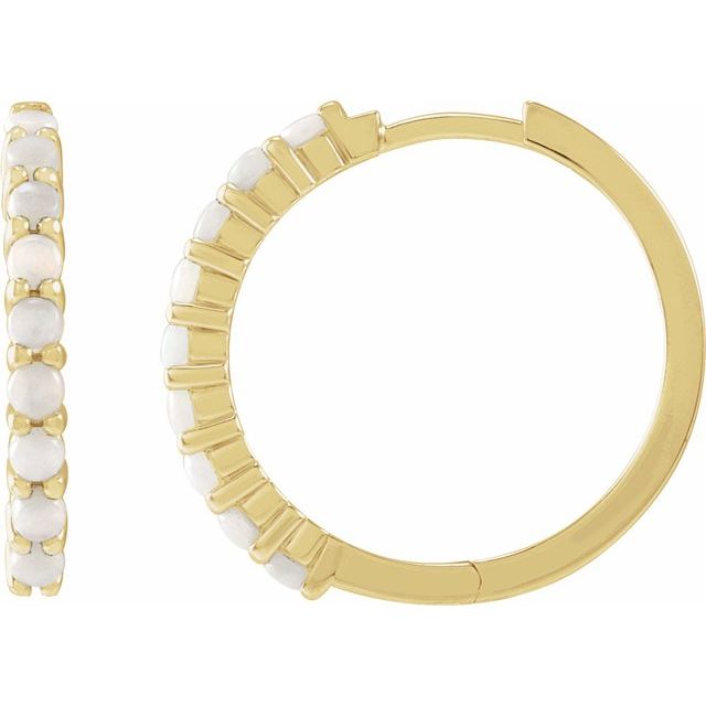 14K Yellow Gold Natural White Opal Cabochon Hinged 20 mm Hoop Earrings