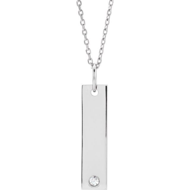 14K White Gold .03 CT Natural Diamond Engravable Bar Necklace