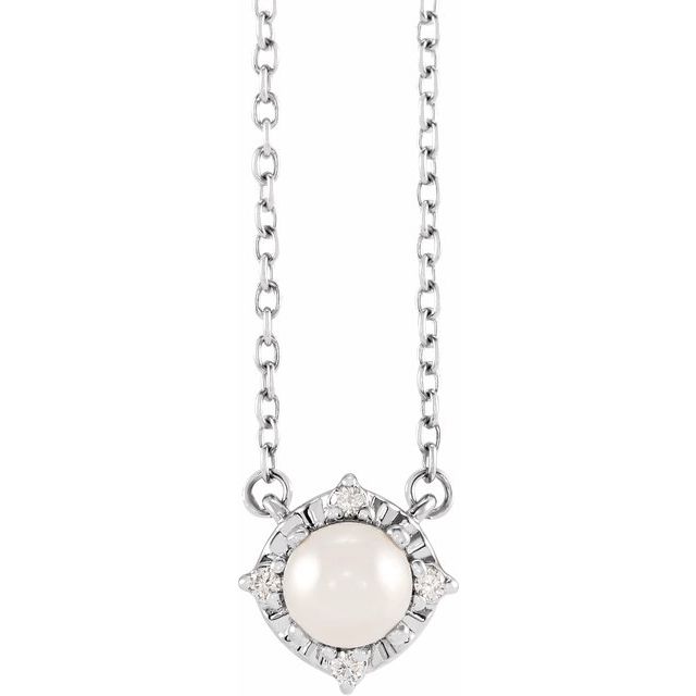 Sterling Silver Cultured White Freshwater Pearl & .04 CTW Natural Diamond Halo-Style Necklace