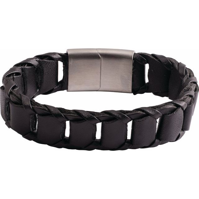 Stainless Steel and Black Leather Stainless Steel 17 mm Black Leather 8" Bracelet