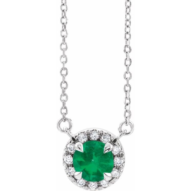 14K White Gold 5.5 mm Natural Emerald 1/10 CTW Natural Diamond Necklace