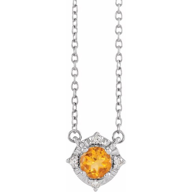 Sterling Silver Natural Citrine & .04 CTW Natural Diamond Halo-Style Necklace